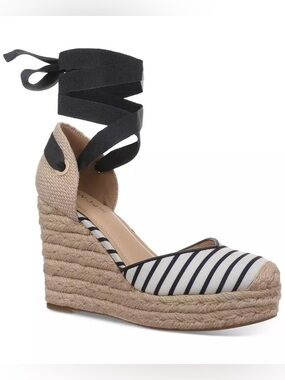 Striped Espadrille Wedge with Black Ankle Tie